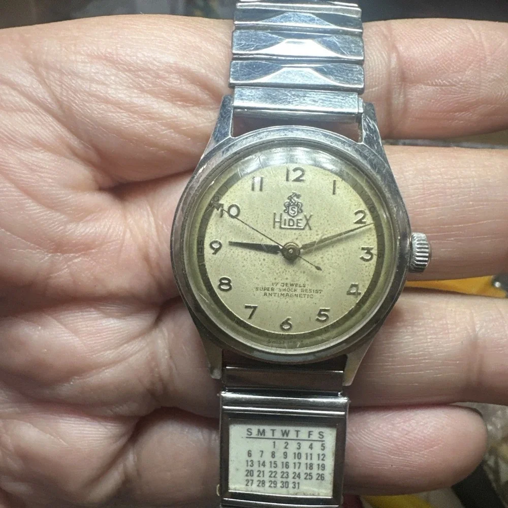 Working VTG HideX CALENDAR Swiss‎ 17 Jewels Manual Wind Mens Watch 30mm Fit 7in